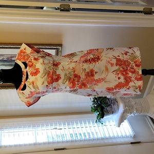 Liz Claiborne pink peach sage white floral empire waist cap sleeve dress 6 EUC …